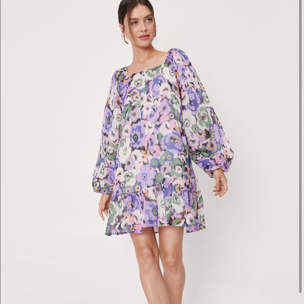 Floral puff sleeve backless mini dress